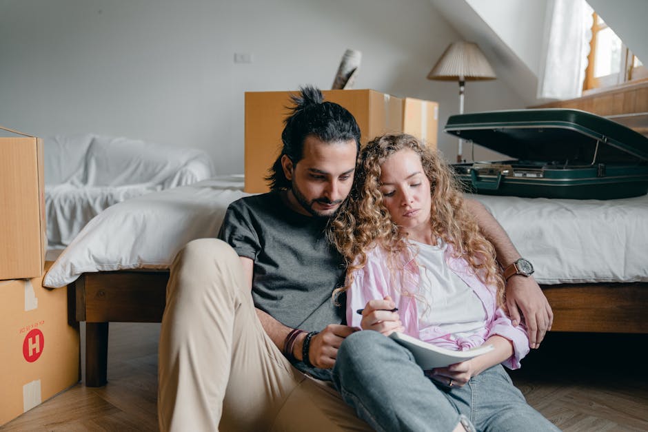 A man and woman sit on the floor of a bedroom next to a bed, surrounded by packing and moving materials. The man has dark hair tied back and is wearing a black t-shirt and beige trousers, while the wo